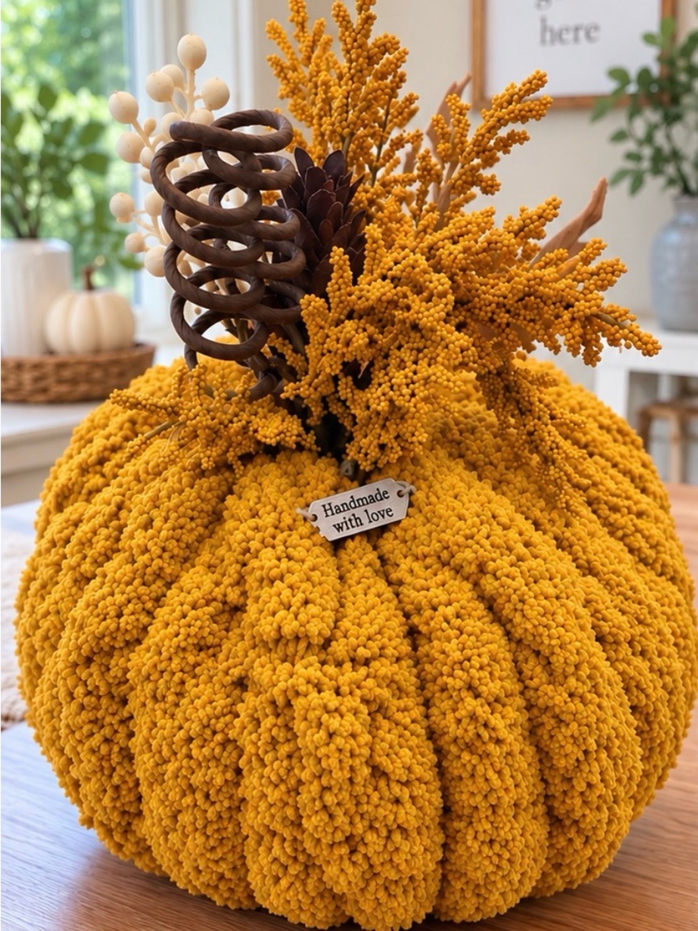 Handmade Mustard Yellow Knit Pumpkin Accent with Floral Topper